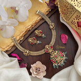 Vriksham Premium Lakshmi Dual Elephant Pendant Jadau Addigai-Red Green-Green Bead-G17825