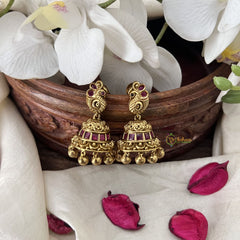 Vriksham Gold Look Alike Elegant Floral Style Jhumka-Red-Gold Pearls-G19191