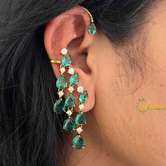 Vriksham Designer Aqua Green Gemstone Cascading EarCuff With Stud Earrings-G21425