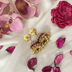 Vriksham Statement With Floral Studs and Gold Bead Fringe Kundan Jadau Jhumkas-J3670