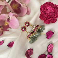 Vriksham Statement With Floral Studs and Green Bead Fringe Kundan Jadau Jhumkas-J3671