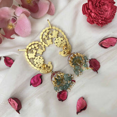 Vriksham Designer peacock Motif Kundan Jadau Jhumka With Ear cuff-Green Bead-Pearls-J3590