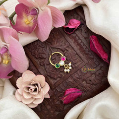 Vriksham Three Dot With Pearl Danglers Kundan Jadau Septum Ring-Red Green & White-J3928