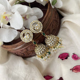 Vriksham Elegant Peacock Kundan Style Jhumkas Earrings-Aqua Green Bead-Rice Pearl-G19200