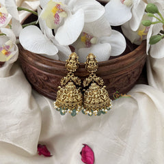 Vriksham Designer Lakshmi With Peacock Golden Style Jhumkas Earrings-Aqua Green Bead-Pearl-G19201