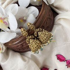 Vriksham Designer Lakshmi With Peacock Golden Style Jhumkas Earrings-Aqua Green Bead-Pearl-G19201