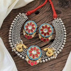Statement Silver Neckpiece with Kundan Stones - Red & Blue - J1874