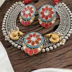 Statement Silver Neckpiece with Kundan Stones - Red & Blue - J1874