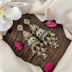 Vriksham Traditional Regal Elephant Jhumkas Earrings With Green Emerald-Pearls-G19193