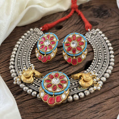 Statement Silver Neckpiece with Kundan Stones - Red & Blue - J1874