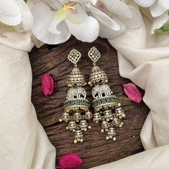 Vriksham Traditional Regal Elephant Jhumkas Earrings With Green Emerald-Pearls-G19193
