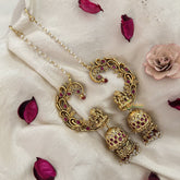 Vriksham Antique Gold Buttalu Nakshi With Lakshmi Ear cuff Double Jhumkas Earrings-Red-Pearl-G19226