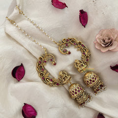 Vriksham Antique Gold Buttalu Nakshi With Lakshmi Ear cuff Double Jhumkas Earrings-Red-Pearl-G19226