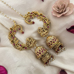 Vriksham Antique Gold Buttalu Nakshi With Lakshmi Ear cuff Double Jhumkas Earrings-Red-Pearl-G19226