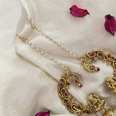 Vriksham Antique Gold Buttalu Nakshi With Lakshmi Ear cuff Double Jhumkas Earrings-Red-Pearl-G19226