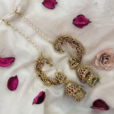 Vriksham Antique Gold Buttalu Nakshi With Lakshmi Ear cuff Double Jhumkas Earrings-Red Green-Pearl-G19227