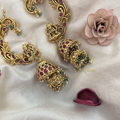 Vriksham Antique Gold Buttalu Nakshi With Lakshmi Ear cuff Double Jhumkas Earrings-Red Green-Pearl-G19227