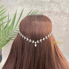 Vriksham Flora Back-Head Chain: Delicate Leaf-Motif Silver Hair Vine with Graceful Pearl Drop-G22072
