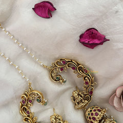 Vriksham Antique Gold Buttalu Nakshi With Lakshmi Ear cuff Double Jhumkas Earrings-Red Green-Pearl-G19227