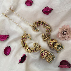 Vriksham Antique Gold Buttalu Nakshi With Lakshmi Ear cuff Double Jhumkas Earrings-Red Green-Pearl-G19227