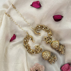 Vriksham Antique Gold Buttalu Nakshi With Lakshmi Ear cuff Double Jhumkas Earrings-White-Pearl-G19225