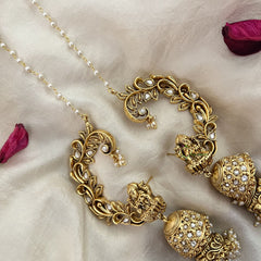 Vriksham Antique Gold Buttalu Nakshi With Lakshmi Ear cuff Double Jhumkas Earrings-White-Pearl-G19225