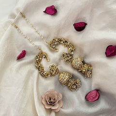 Vriksham Antique Gold Buttalu Nakshi With Lakshmi Ear cuff Double Jhumkas Earrings-White-Pearl-G19225