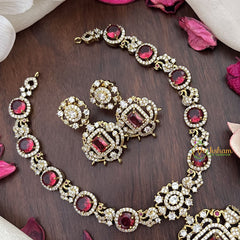 Vriksham Elegant Victorian Diamond Short Neckpiece-Red-VV1968