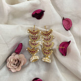 Vriksham Gold Finished Ruby Pearl Jhumkas With Ear Chain-G19207