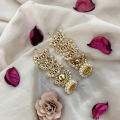 Vriksham Gold Finished Ruby Pearl Jhumkas With Ear Chain-G19207