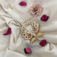 Vriksham Peacock Style Kundan Ear cuff Jhumkas Earrings-Pearl-G19224