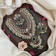 Vriksham Double Layer Victorian Diamond Short Neckpiece-Dark Green Bead-VV1970