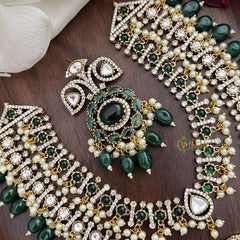 Vriksham Double Layer Victorian Diamond Short Neckpiece-Dark Green Bead-VV1970