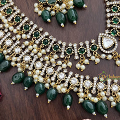 Vriksham Double Layer Victorian Diamond Short Neckpiece-Dark Green Bead-VV1970