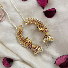 Vriksham Elegant Peacock With Accent Stone Ear cuff Jhumkas Earrings-Pearl-G19221