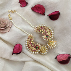 Vriksham South Indian Style Kundan Peacock Feather Ear cuff Jhumkas Earrings-Pearl-G19222