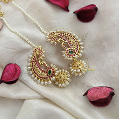 Vriksham South Indian Style Kundan Peacock Feather Ear cuff Jhumkas Earrings-Pearl-G19222