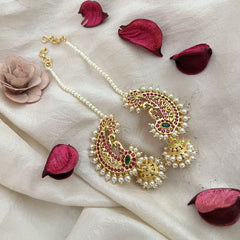 Vriksham South Indian Style Kundan Peacock Feather Ear cuff Jhumkas Earrings-Pearl-G19222