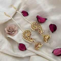 Vriksham Bridal South Indian Floral Style Kundan Ear cuff Jhumkas Earrings-Pearl-G19223