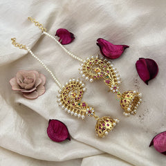 Vriksham Bridal South Indian Floral Style Kundan Ear cuff Jhumkas Earrings-Pearl-G19223