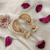 Vriksham Traditional Gold Plated Ruby Peacock Ear cuff Jhumkas Earrings-Pearl-G19220