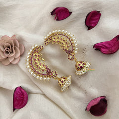 Vriksham Traditional Gold Plated Ruby Peacock Ear cuff Jhumkas Earrings-Pearl-G19220