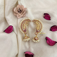Vriksham Traditional Gold Plated Ruby Peacock Ear cuff Jhumkas Earrings-Pearl-G19220