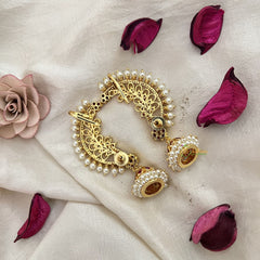 Vriksham Traditional Gold Plated Ruby Peacock Ear cuff Jhumkas Earrings-Pearl-G19220