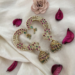 Vriksham Ethnic Indian Golden Finish Floral Ear cuff Jhumkas Earrings-Red Green-Pearl-G19218