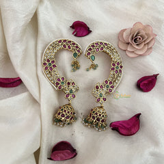 Vriksham Ethnic Indian Golden Finish Floral Ear cuff Jhumkas Earrings-Red Green-Pearl-G19218