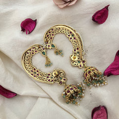 Vriksham Ethnic Indian Golden Finish Floral Ear cuff Jhumkas Earrings-Red Green-Pearl-G19218