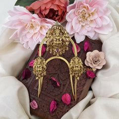 Vriksham Three Lakshmi Vangi / Armlets-Green Red- Gold Beads-G18158