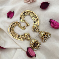 Vriksham Ethnic Indian Golden Finish Floral Ear cuff Jhumkas Earrings-White-Pearl-G19219