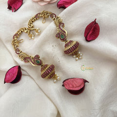 Vriksham Golden Finish Peacock Bridal Earcuff Earrings-Pearl-Red-G19213